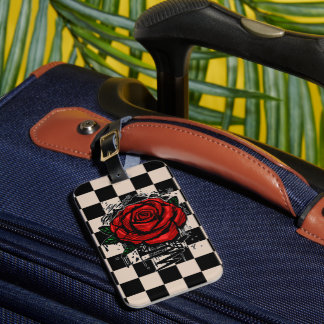 Red Graffiti Rose Beige Black Checkered Grunge Luggage Tag