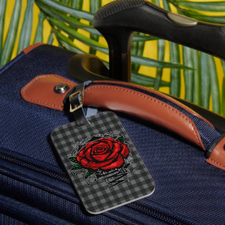 Red Graffiti Rose Black Gray Gingham Grunge Luggage Tag