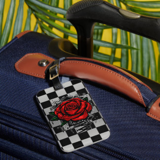 Red Graffiti Rose Silver Chrome Checkered Grunge Luggage Tag