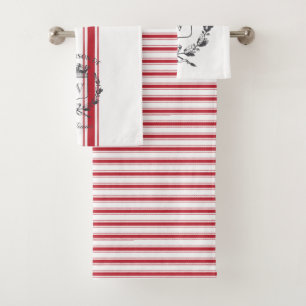 Red Grain Sack Stripe Vintage Family Crest Bath Towel Set