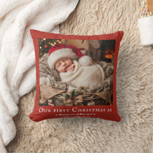 Red Grandparents First Christmas Baby Photo  Throw Pillow
