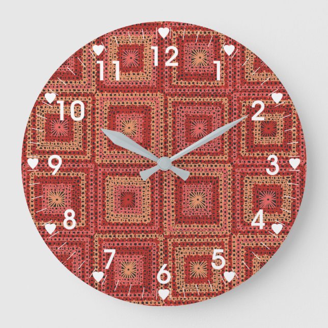 Red Granny Square Pattern Large Clock (Front)