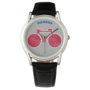 red graphic bike with name, cool watch