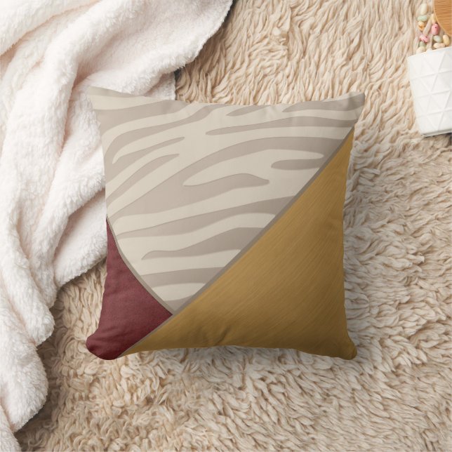 Red Graphic Suede Brushed Gold Print Taupe Zebra Throw Pillow (Blanket)