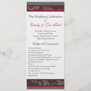 Red Gray 9x4 Damask Swirl Wedding Program