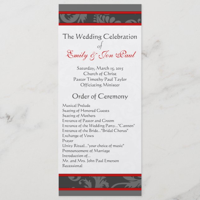 Red Gray 9x4 Damask Swirl Wedding  Program (Front)