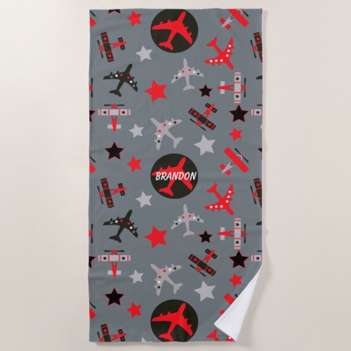 Red Gray Airplanes Pattern Personalized Beach Towel