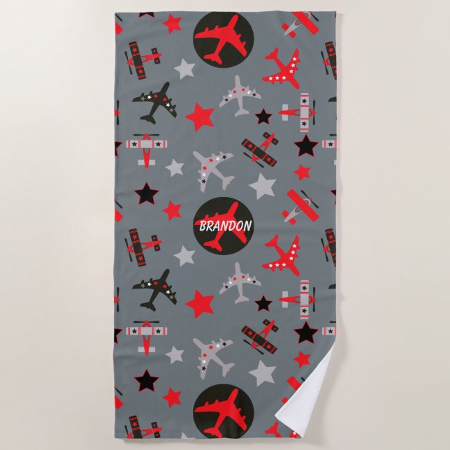 Red Gray Airplanes Pattern Personalized Beach Towel (Front)