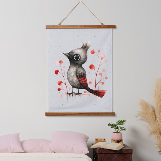 Red Gray and Black Abstract Mad Bird Hanging Tapestry (Bedroom)