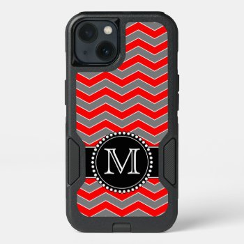 Red  Gray And Black Chevron  Monogrammed Defender Iphone 13 Case by CoolestPhoneCases at Zazzle