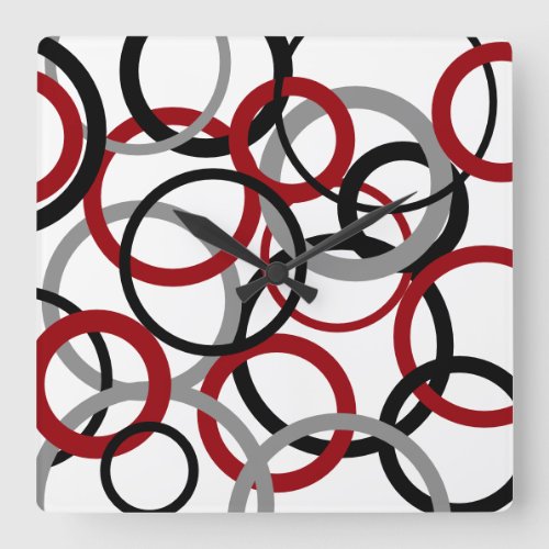 Red Gray and Black Circles  Square Wall Clock