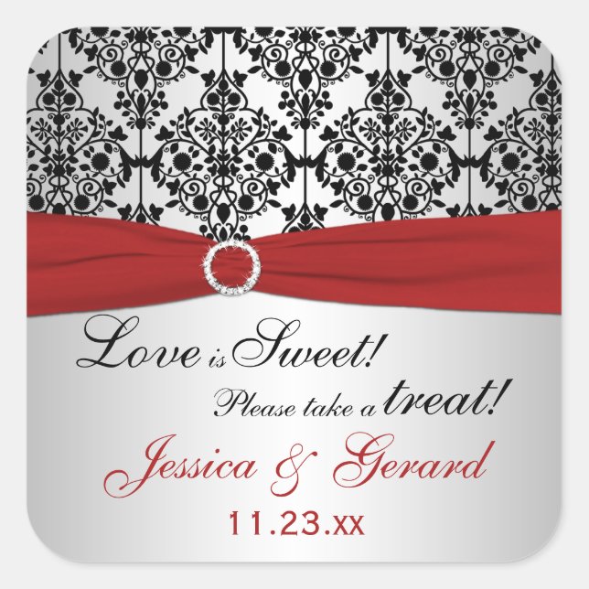 Red, Gray, and Black Damask Candy Buffet Sticker (Front)