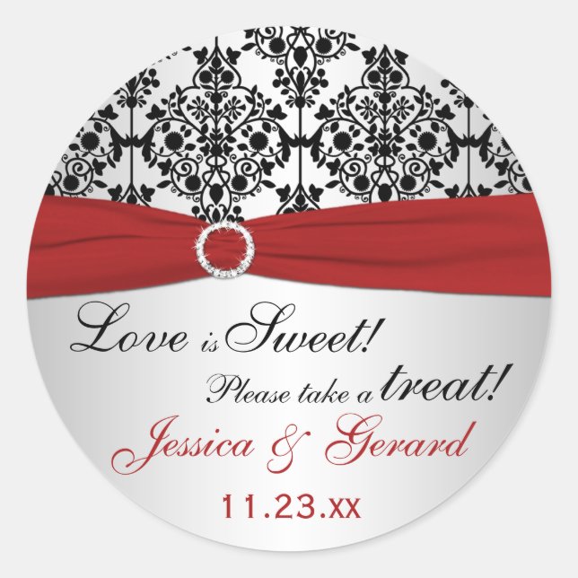 Red, Gray, and Black Damask Candy Buffet Sticker (Front)