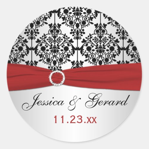 Red Gray and Black Damask Wedding Favor Sticker
