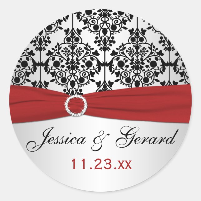 Red, Gray, and Black Damask Wedding Favor Sticker (Front)