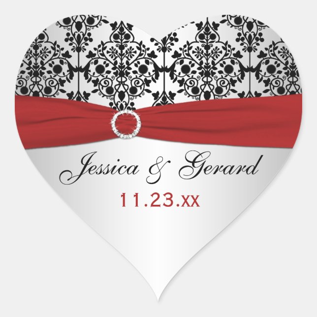 Red, Gray, and Black Damask Wedding Favor Sticker (Front)