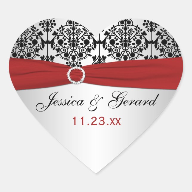 Red, Gray, and Black Damask Wedding Favor Sticker (Front)