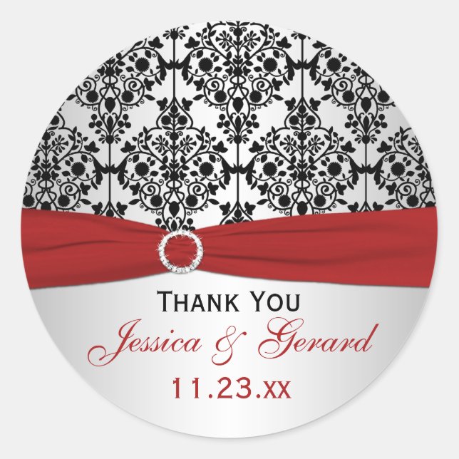 Red, Gray, and Black Damask Wedding Favor Sticker (Front)