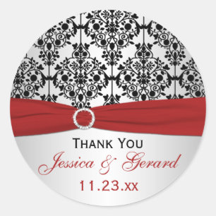 Red, Gray, and Black Damask Wedding Favor Sticker