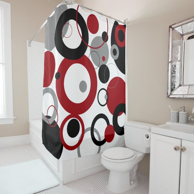 Red, Gray and Black Dots  Shower Curtain (In Situ)