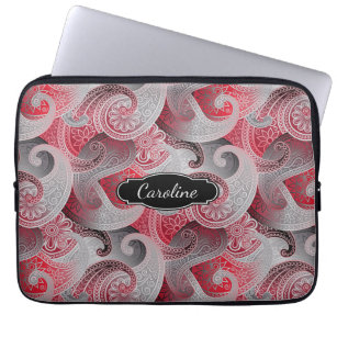 Red Gray and Black Paisley Pattern with Monogram Laptop Sleeve