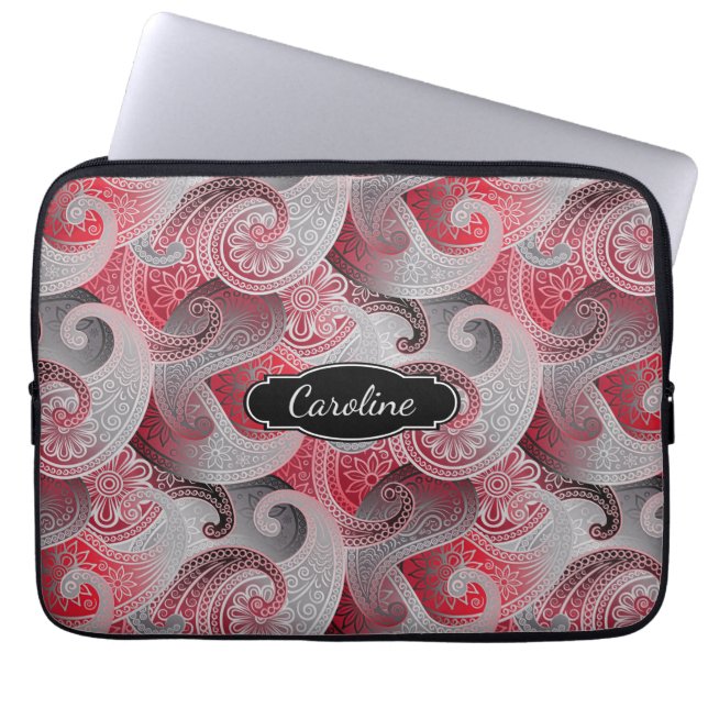 Red Gray and Black Paisley Pattern with Monogram Laptop Sleeve (Front)