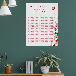 Red/Gray Bamboo Leaves 囍 Asian Wedding Seat Chart