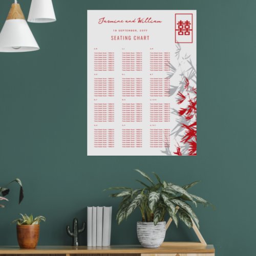 Red  Gray Bamboo Leaves Asian Wedding Seat Chart