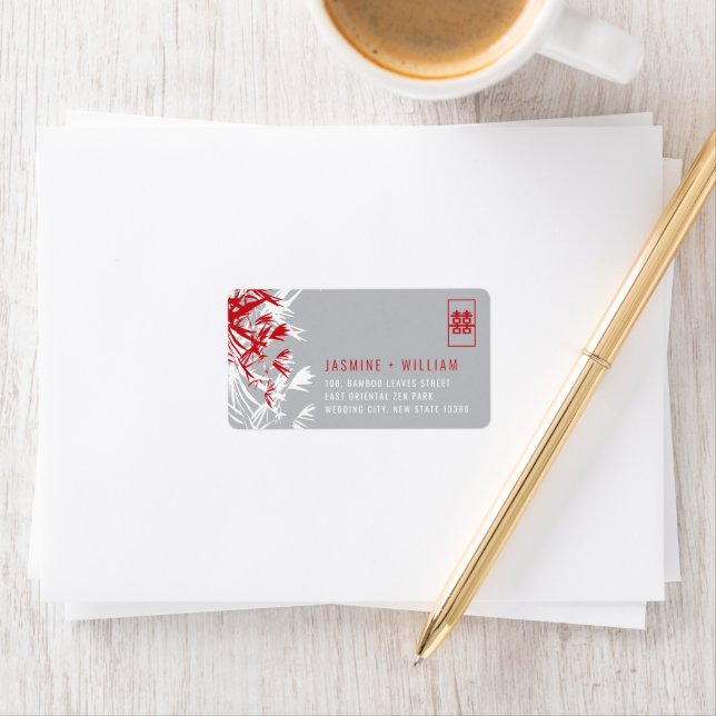 Red & Gray Bamboo Leaves Chinese Wedding Address L Label (Insitu)