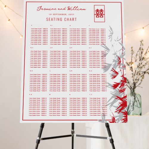 Red Gray Bamboo Leaves Chinese Wedding Seat Chart Foam Board