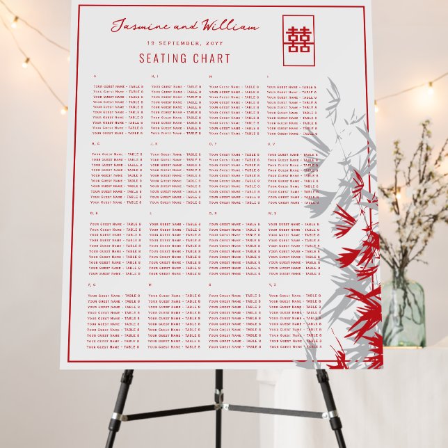 Red Gray Bamboo Leaves Chinese Wedding Seat Chart Foam Board (In Situ (Stand))