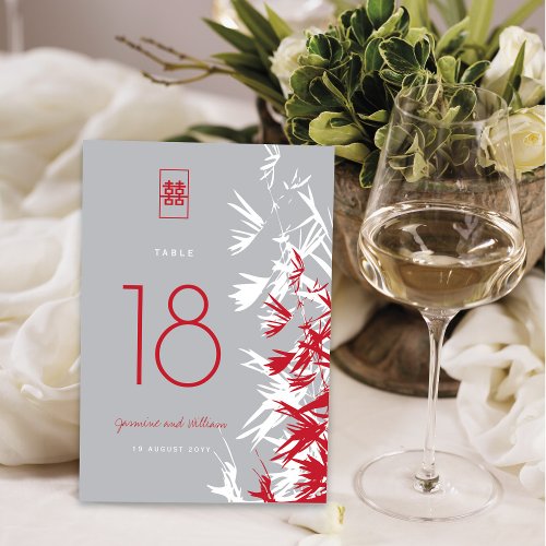 Red  Gray Bamboo Leaves Double Happiness Wedding Table Number