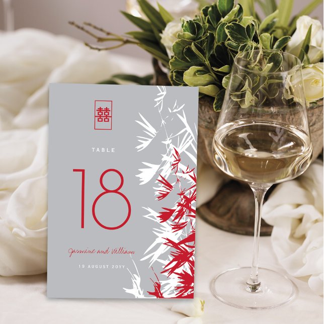 Red & Gray Bamboo Leaves Double Happiness Wedding Table Number (Creator Uploaded)