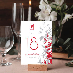 Red & Gray Bamboo Leaves Double Happiness Wedding Table Number