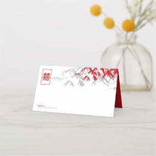 Red & Gray Bamboo Leaves Double Xi Chinese Wedding Place Card