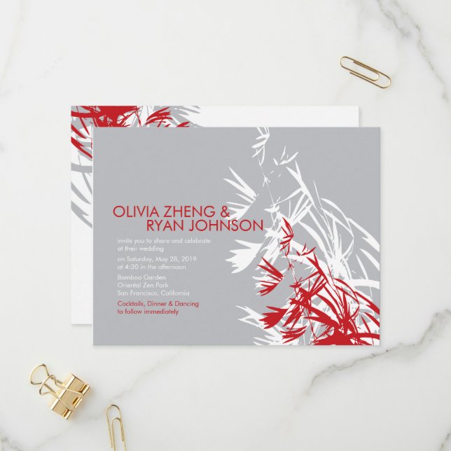 Red & Gray Bamboo Leaves Modern Zen Asian Wedding Invitation Postcard (Front/Back In Situ)