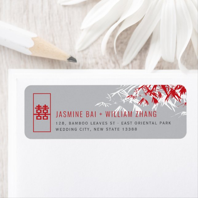 Red & Gray Bamboo Leaves Zen Asian Wedding Address Label (Insitu)