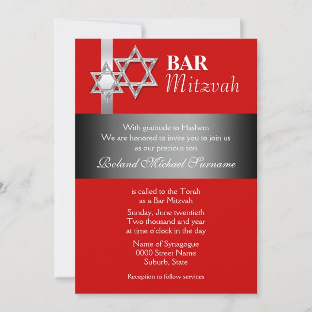 Red gray bar mitzvah celebrations invitation (Front)