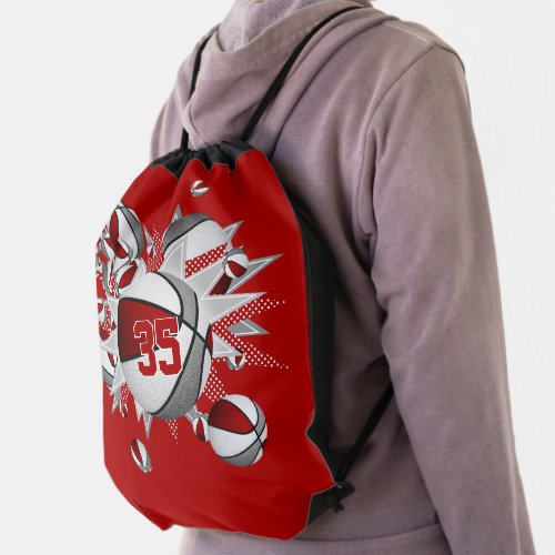 red gray basketballs stars girls jersey number drawstring bag