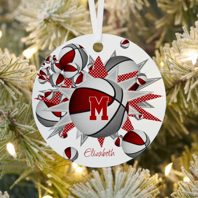 red gray basketballs stars girls keepsake year metal ornament (Insitu)