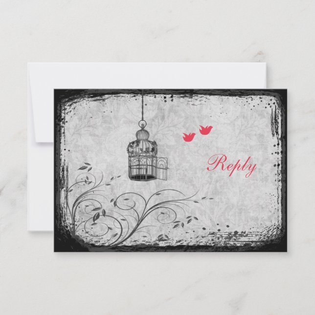 Red, Gray Birdcage Lovebirds Reply Card (Front)