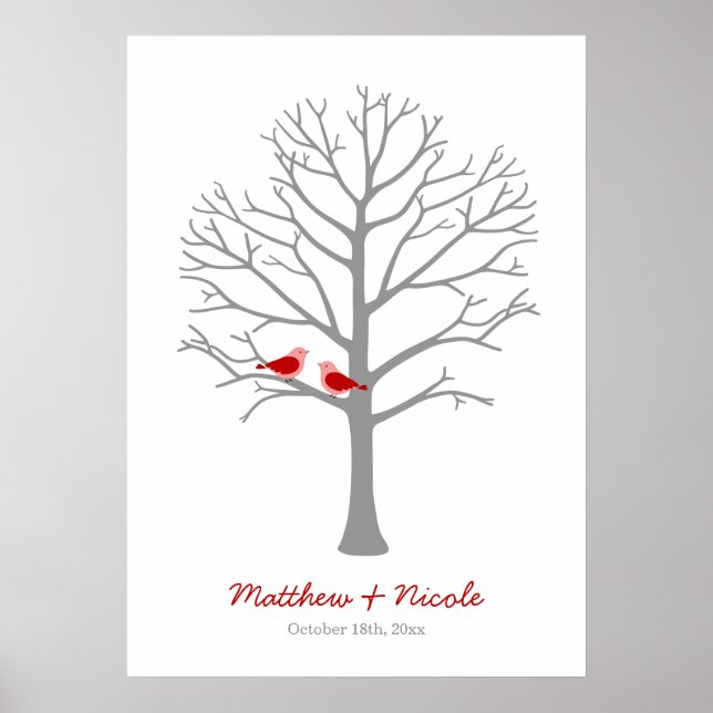 Red Gray Birds Fingerprint Tree Wedding Poster (Front)