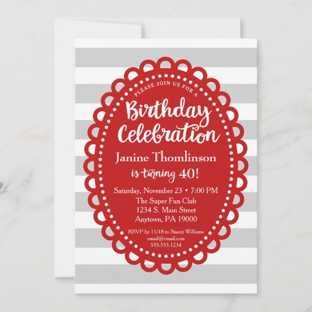 Red Gray Birthday Invitation Adult Wide Stripe (Front)