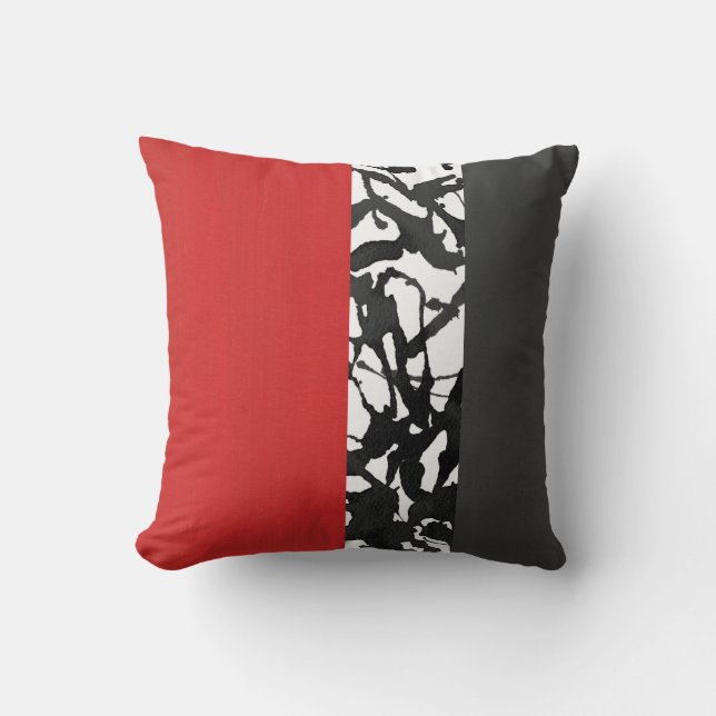 Red Gray Black and White Abstract Modern Throw Pillow (Front)