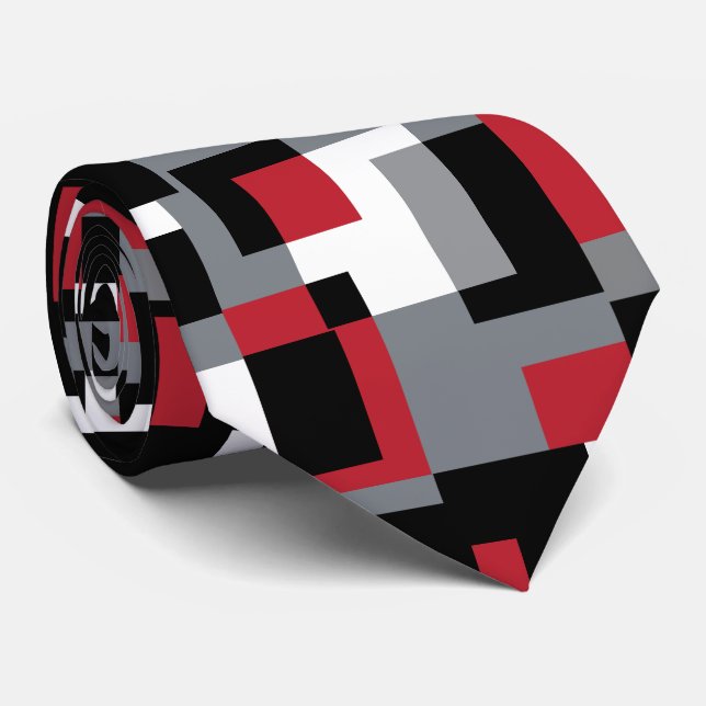 Red, Gray, Black and White Abstract Pattern Neck Tie (Rolled)