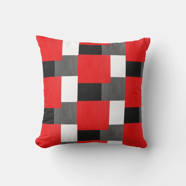 Red Gray Black and White Geometric Block Pattern Throw Pillow (Front)