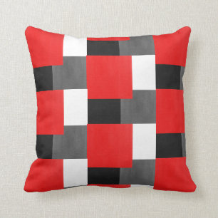 Red Gray Black and White Geometric Block Pattern Throw Pillow