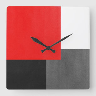 Red Gray Black and White Geometric Block Square Wall Clock