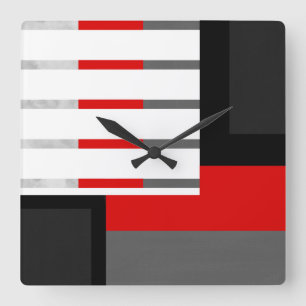 Red Gray Black and White Striped Block Square Wall Clock