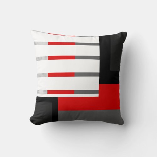 Red Gray Black and White Striped Block Throw Pillow